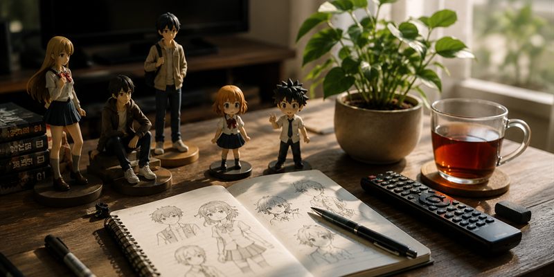 テーブルに並んだフィギュアとスケッチブック