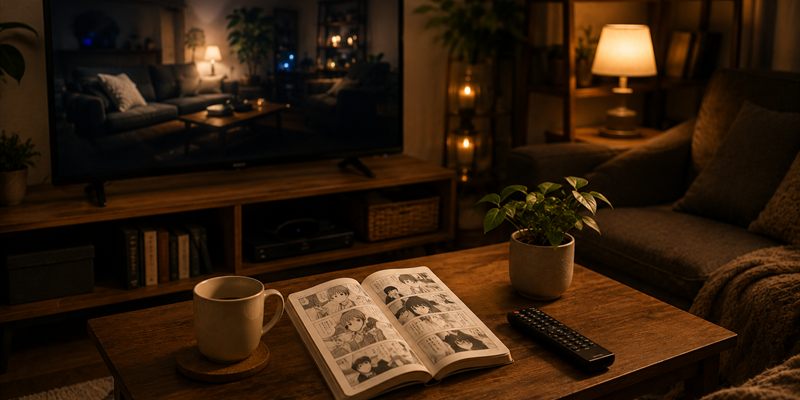 夜のリビングに置かれたテレビとローテーブル