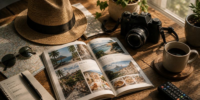 帽子とカメラと旅の雑誌が置かれた休日の机