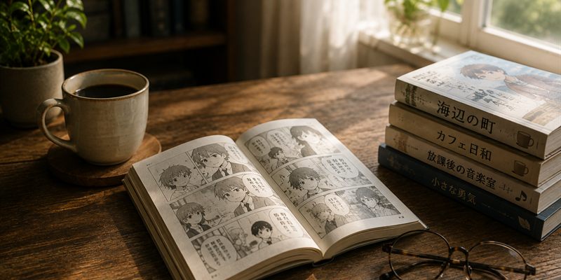 窓辺の机に広げられた本と積まれた単行本