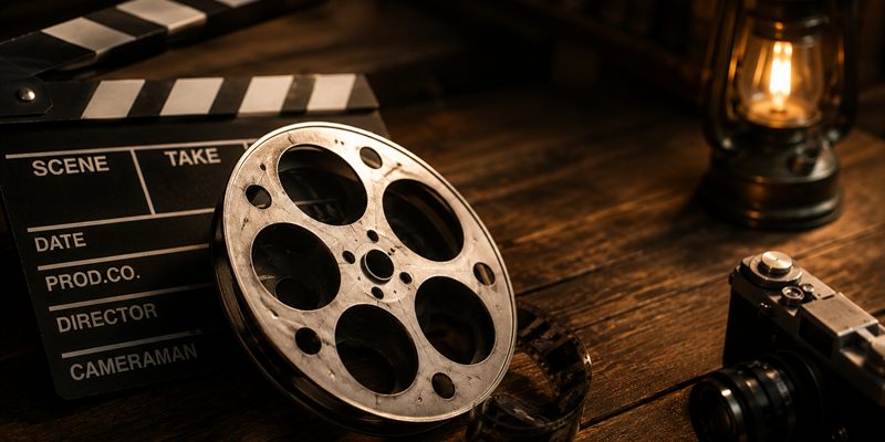 フィルムリールとカチンコが置かれた机