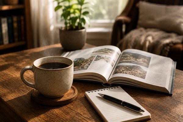 窓辺の机に置かれたコーヒーと開いた本