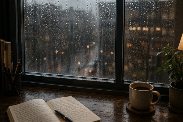 雨粒のついた窓辺のノートとマグカップ