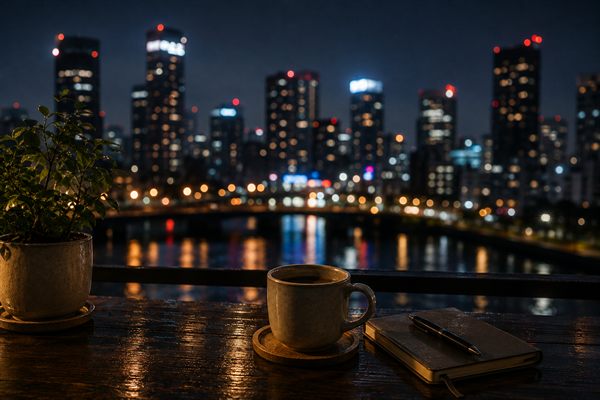 夜景を望む窓辺のマグカップ